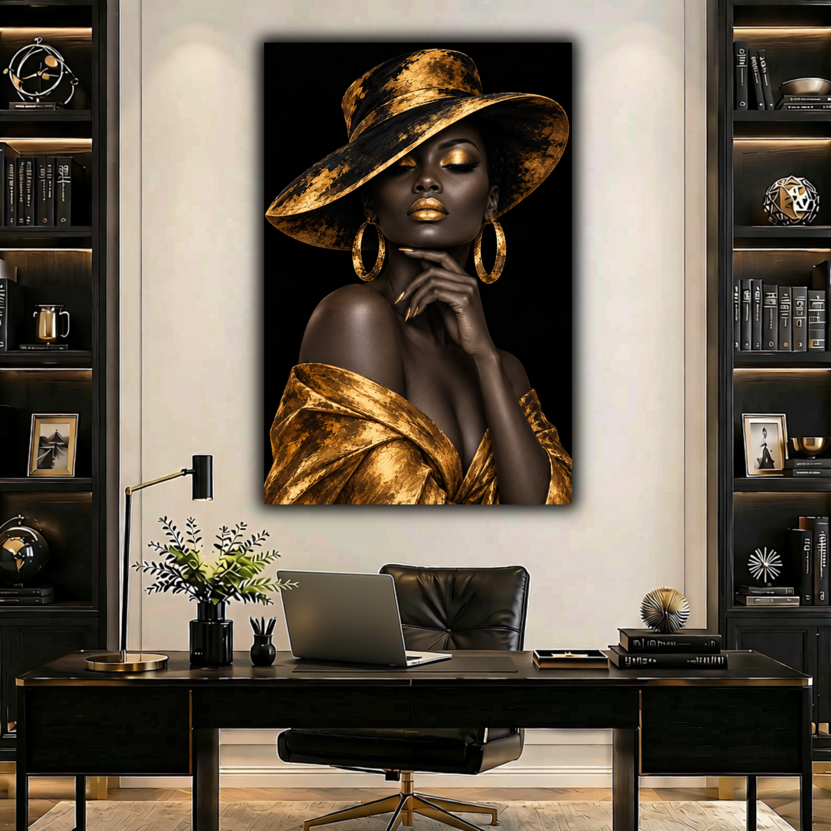 Black Woman Wall Art – Midnight Majesty | Black & Gold Afrocentric Luxury Canvas Print