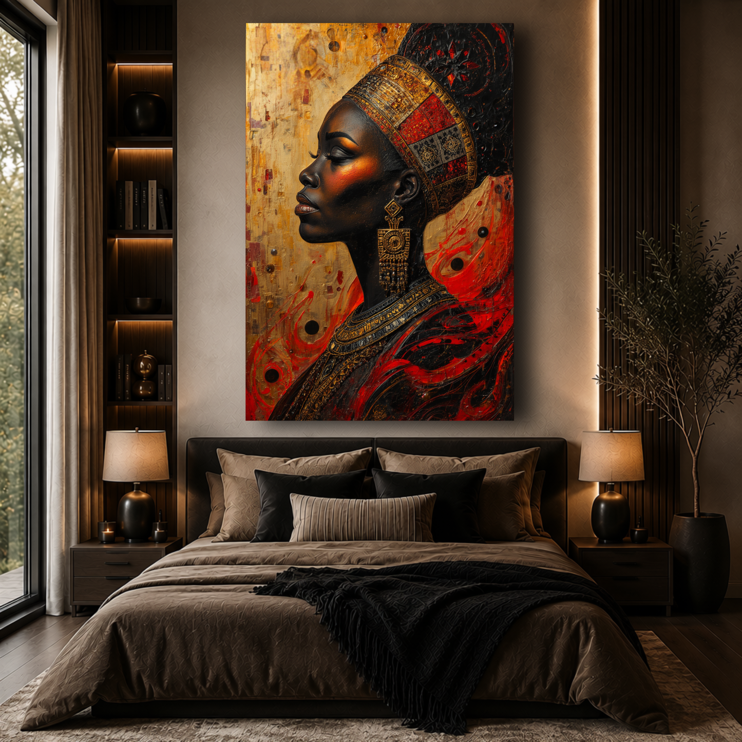 Black Woman Wall Art – Abstract African Queen Canvas Print |  Afrocentric Gold, Red & Black Decor