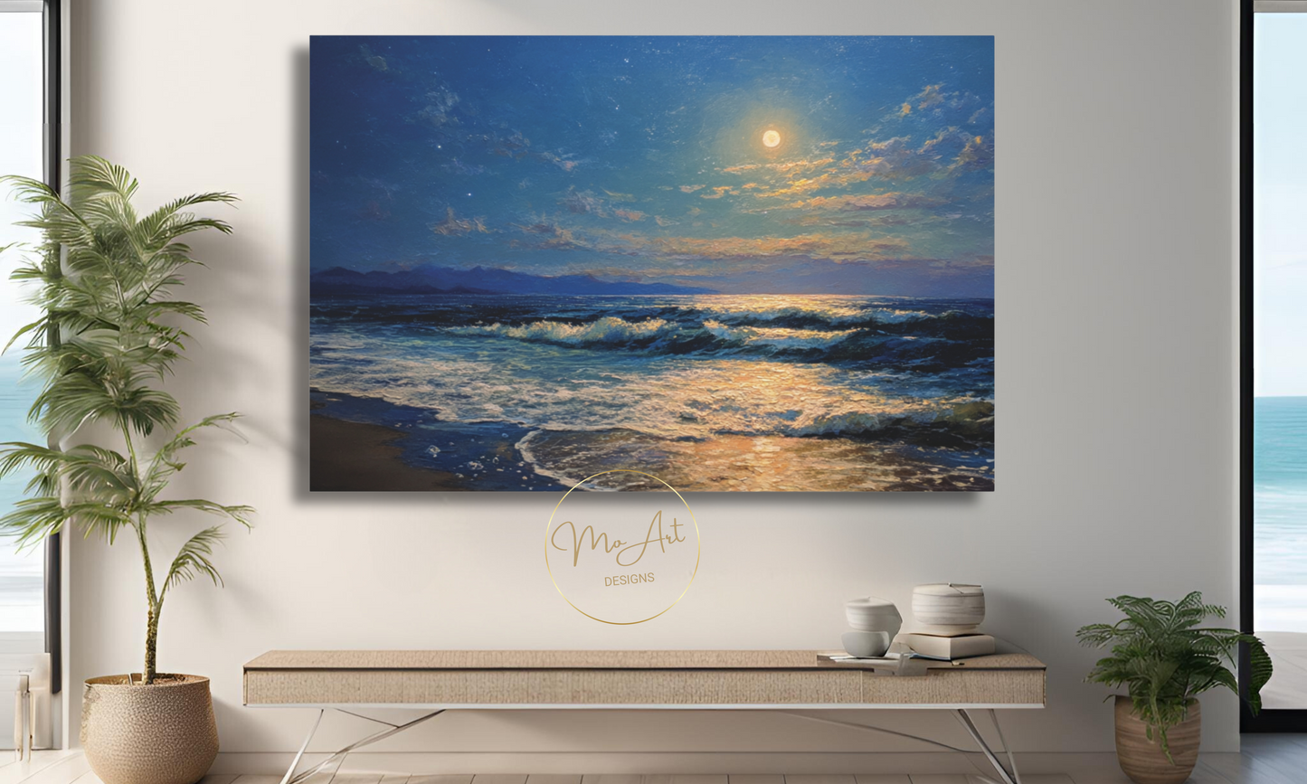 Moonlit Serenade Over Ocean Waves Canvas Wall Art