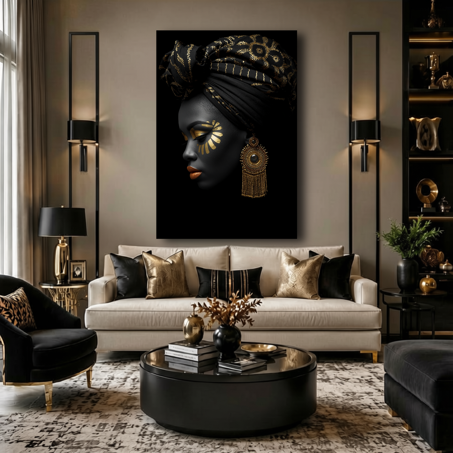 Black Woman Wall Art – Regal Radiance Black & Gold Canvas Print | Afrocentric Home Decor