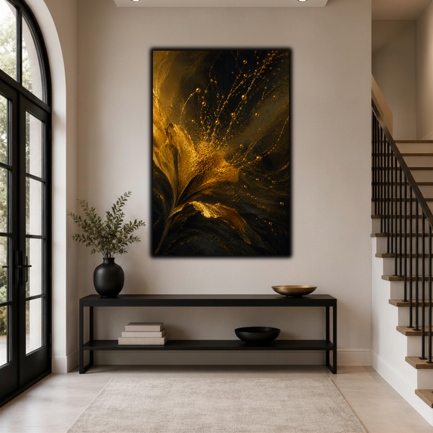 Abstract Gold Flower Wall Art – Elegant Black & Gold Canvas Print | Modern Elegant Home Decor