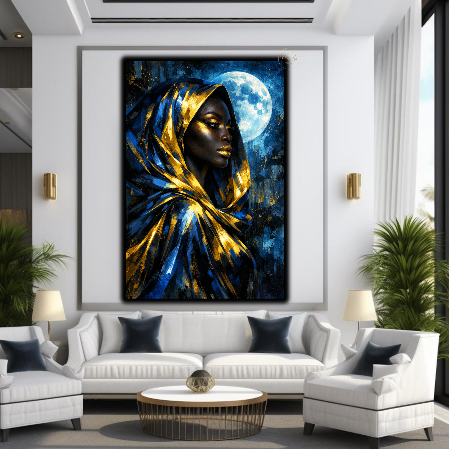 Black Woman Wall Art – Blue & Gold Afrocentric Moon Goddess Canvas Print