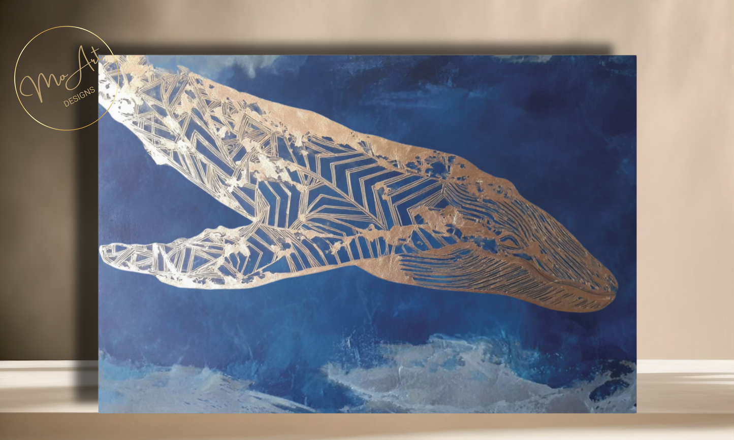 Gold and Blue Whale Abstract Canvas Wall Art