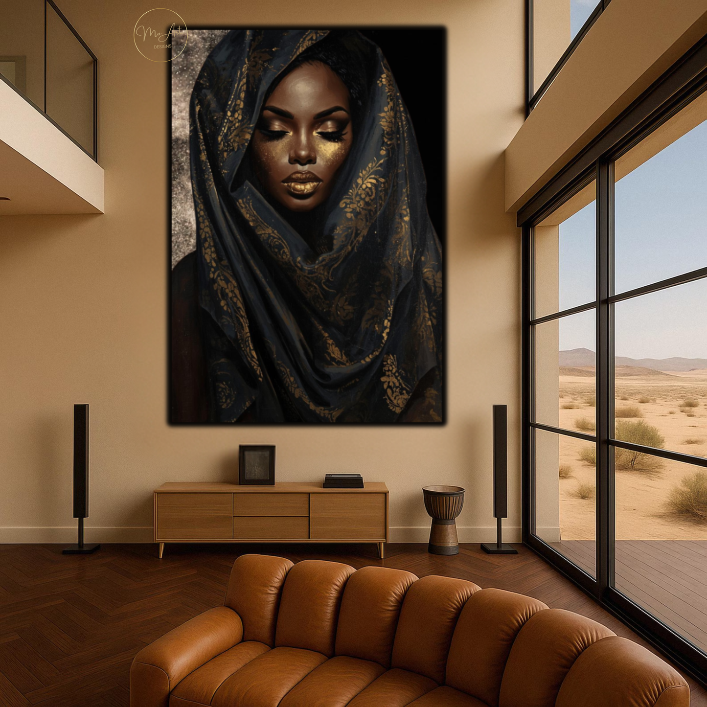 Black Woman Wall Art – Golden Veil Queen | Black & Gold Afrocentric Canvas Print