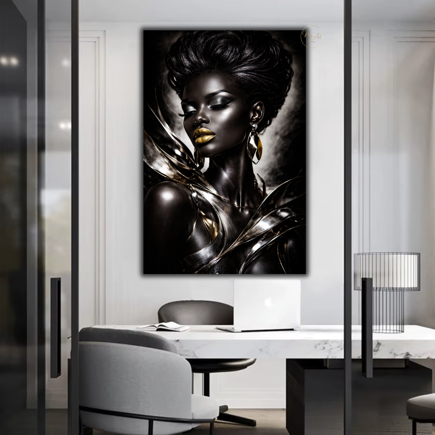 Black Woman Wall Art – Elegant Afrocentric Black & Silver Abstract Canvas Print