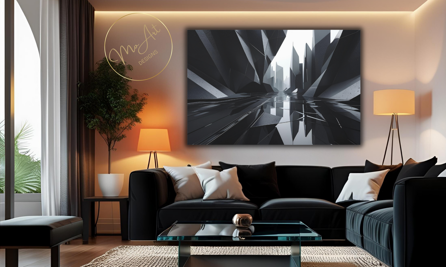 Black and White Abstract / Reflections of a City - Canvas Wall Art
