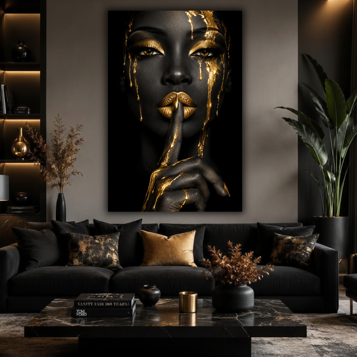 Black Woman Wall Art – Golden Whisper | Afrocentric Black & Gold Luxury Canvas Print