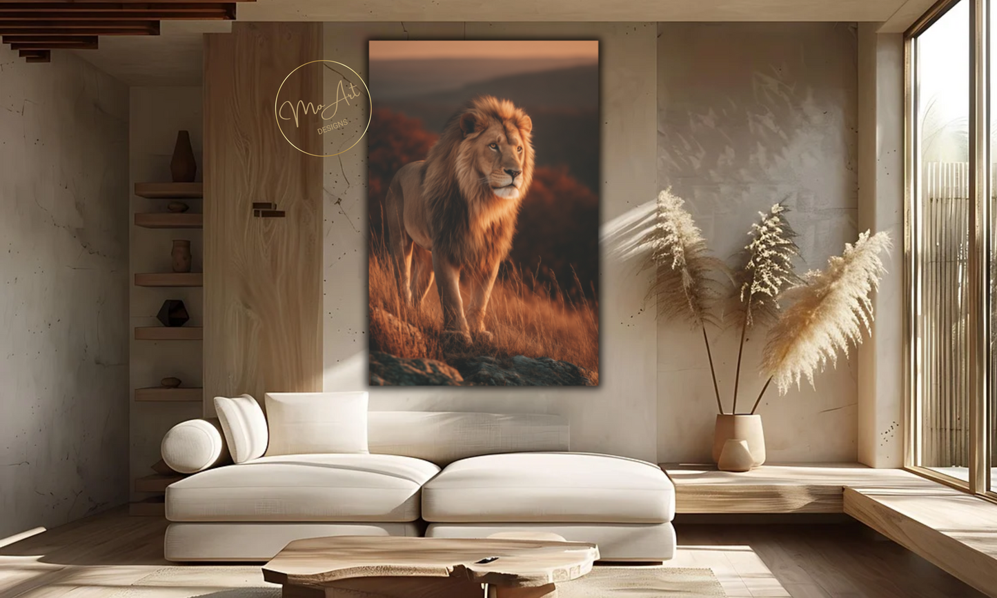 Majestic Lion Canvas Wall Art – Regal Wildlife Print at Sunset