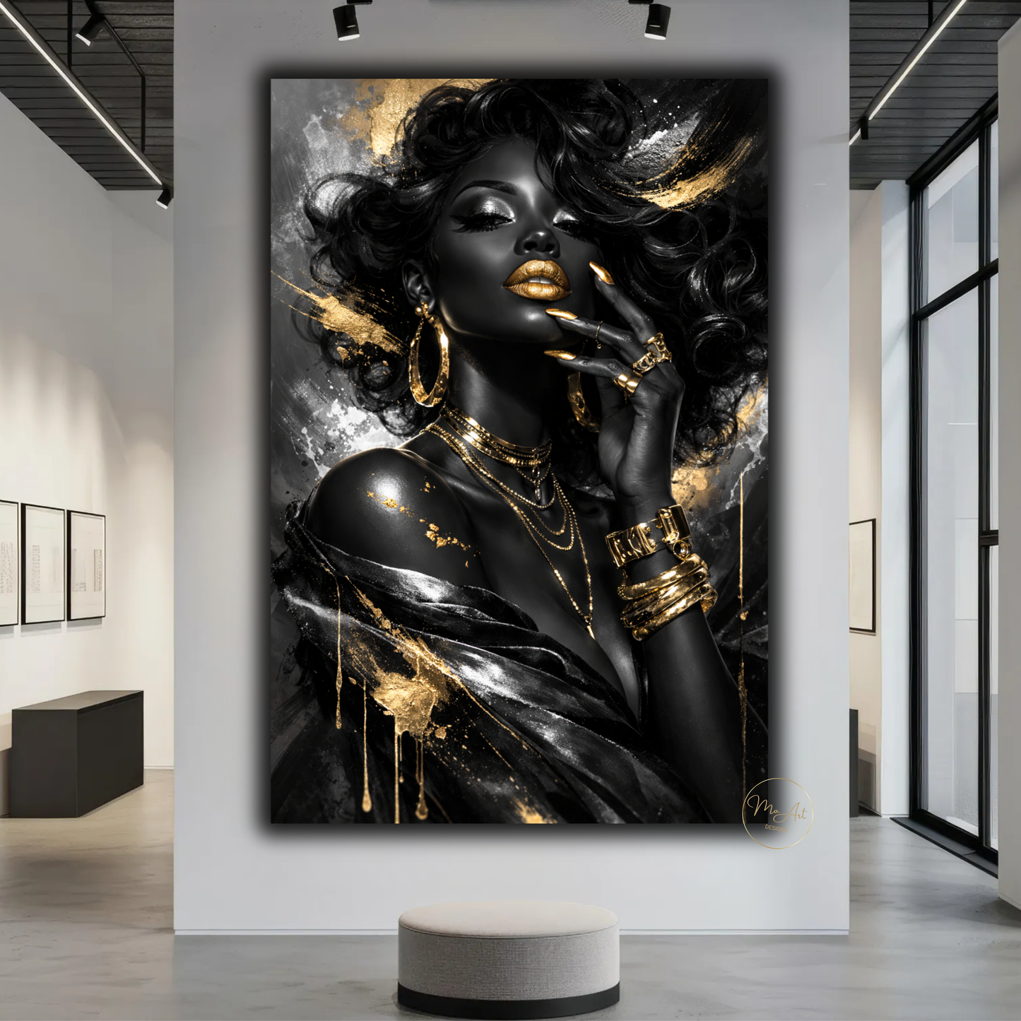 Black Woman Wall Art – Black & Silver Glam with Gold Lips | Luxury Afrocentric Canvas Print