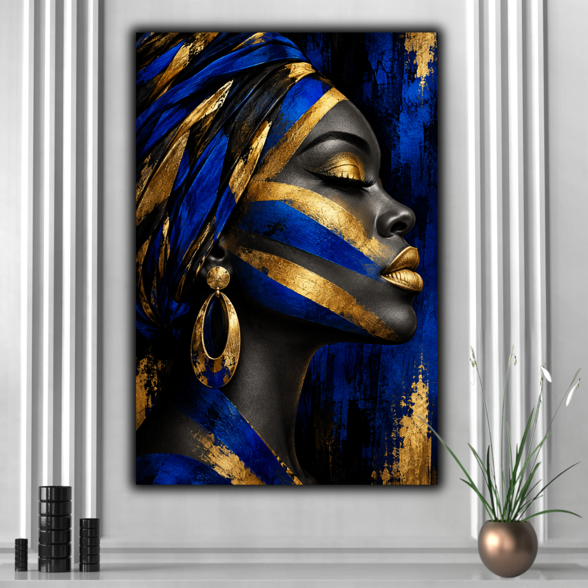 Black Woman Wall Art - Afrocentric Blue, Black & Gold Canvas Print | Luxury Home Decor