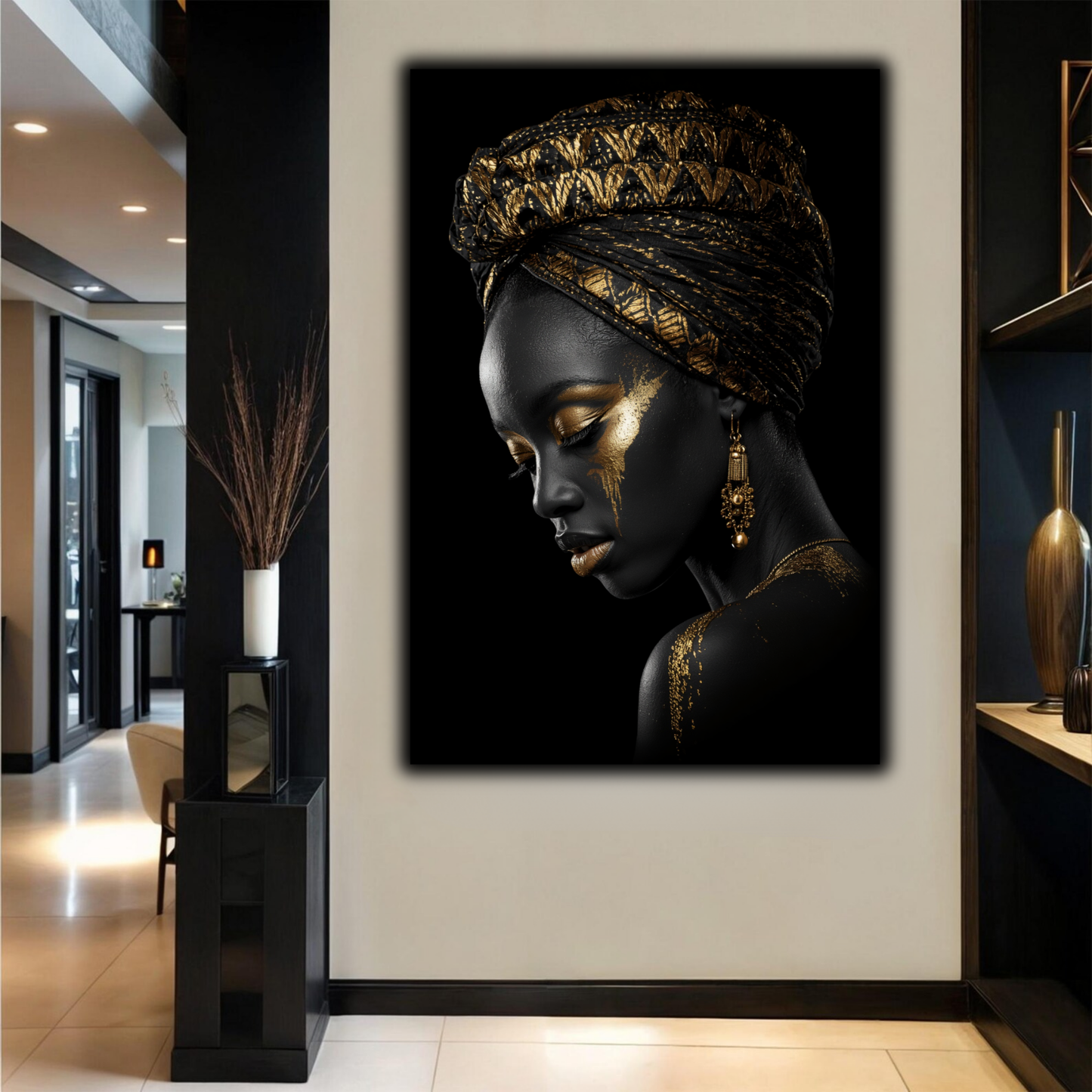 Black Woman Wall Art - African Queen Canvas Print | Black & Gold Wall Decor