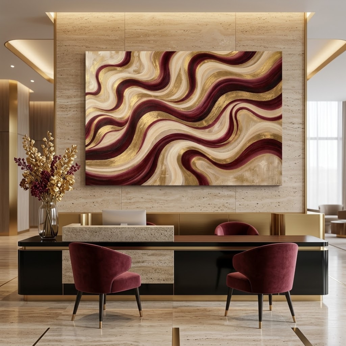 Flowing Waves – Burgundy & Gold Abstract Wall Art | Luxury Canvas Print