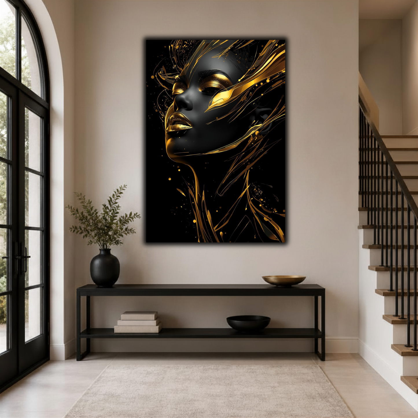 Black Woman Wall Art – Black & Gold Abstract Afrocentric Canvas Print | Luxury Modern African American Art Decor