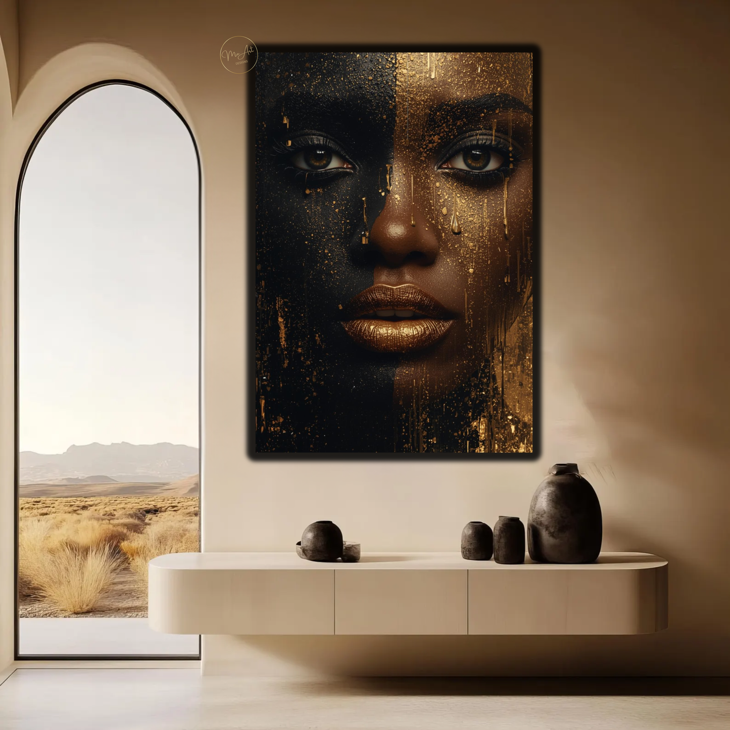 Black Woman Wall Art – Striking Gold Drip | Afrocentric Black & Gold Canvas Print