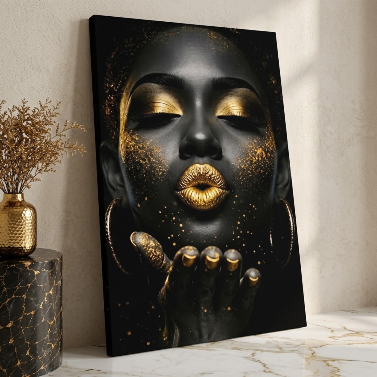 Black Woman Wall Art – Kiss of Gold | Afrocentric Gold Lips Black & Gold Canvas Print