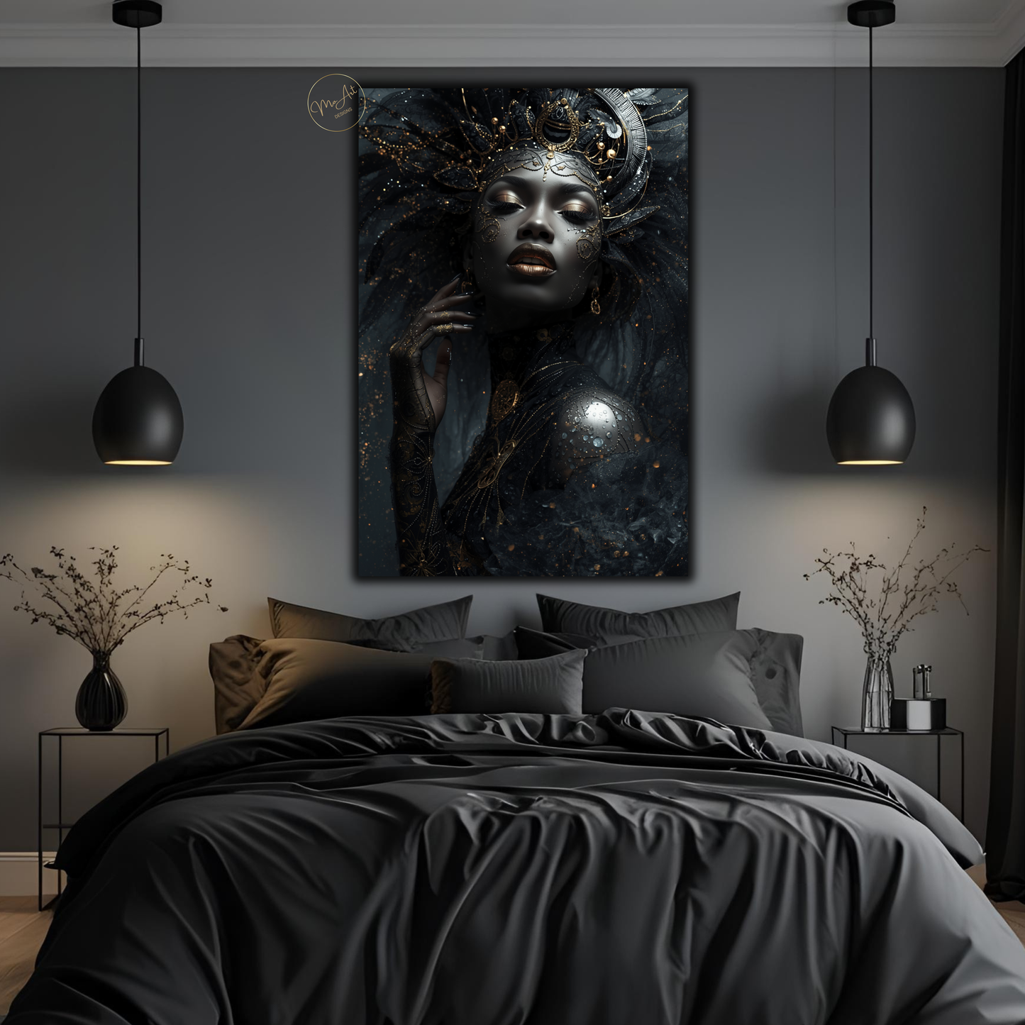 Black Woman Wall Art – Regal Afrocentric Queen | Luxury Black & Gold Canvas Print