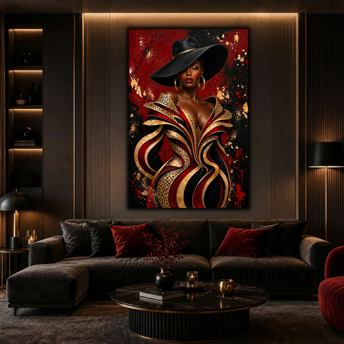 Black Woman Wall Art - Seductive Glamour | Red, Black & Gold Leopard Print Afrocentric Canvas Print