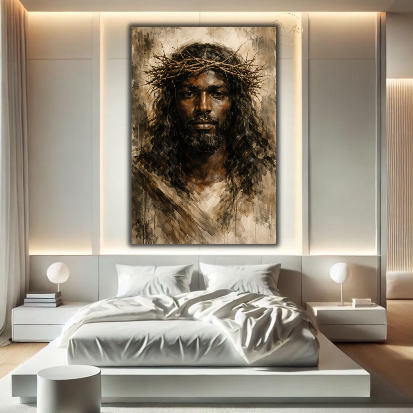 Black Jesus Wall Art – Neutral Abstract Christ Portrait with Crown of Thorns Canvas Print