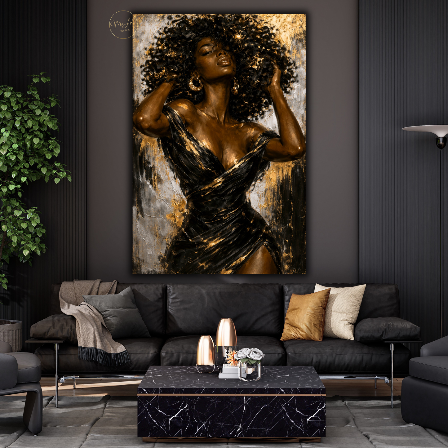 Black Woman Wall Art – Sensual Afrocentric Black, Gold & Silver Abstract Canvas Print