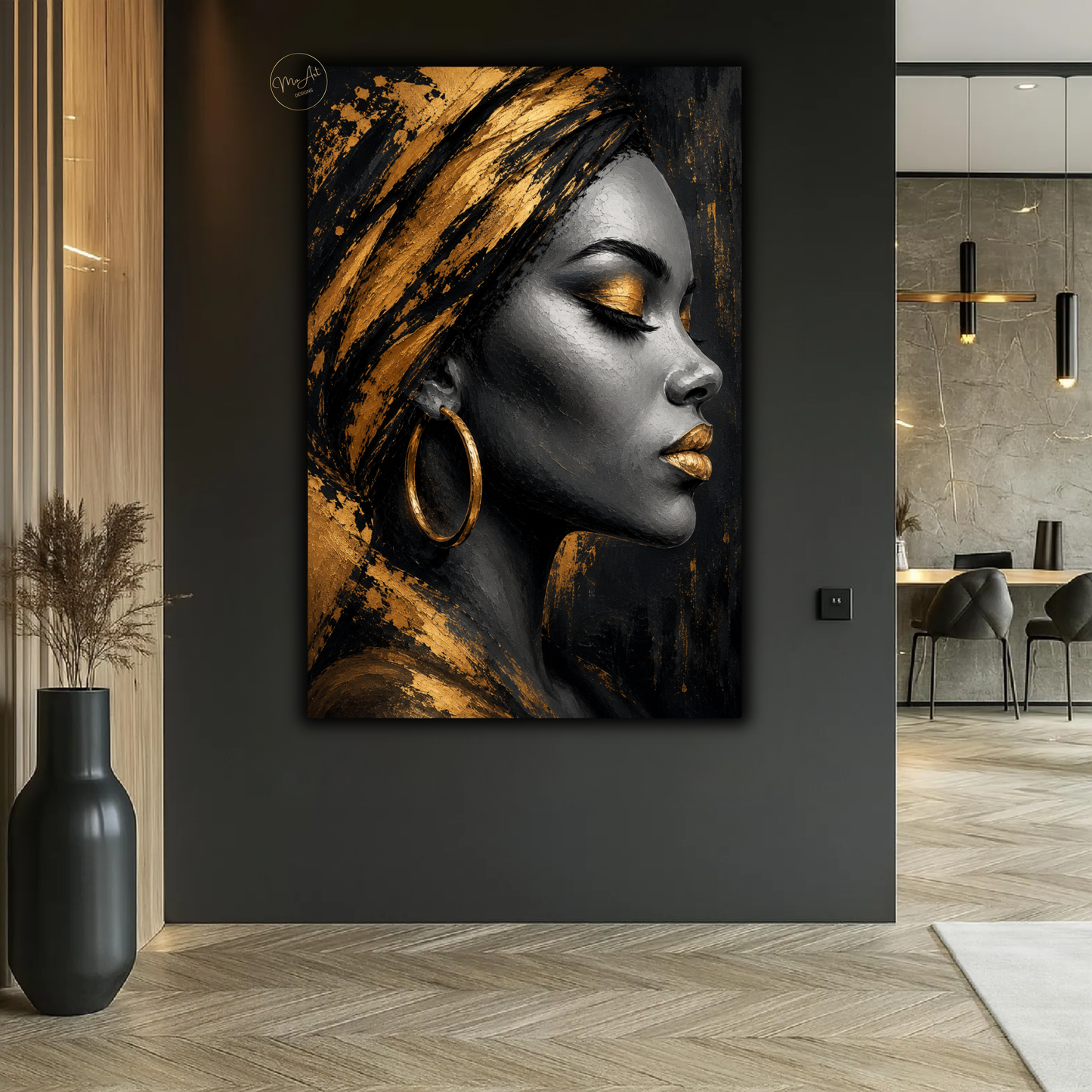 Black Woman Wall Art – Luxury Black & Gold Afrocentric Portrait Canvas Print