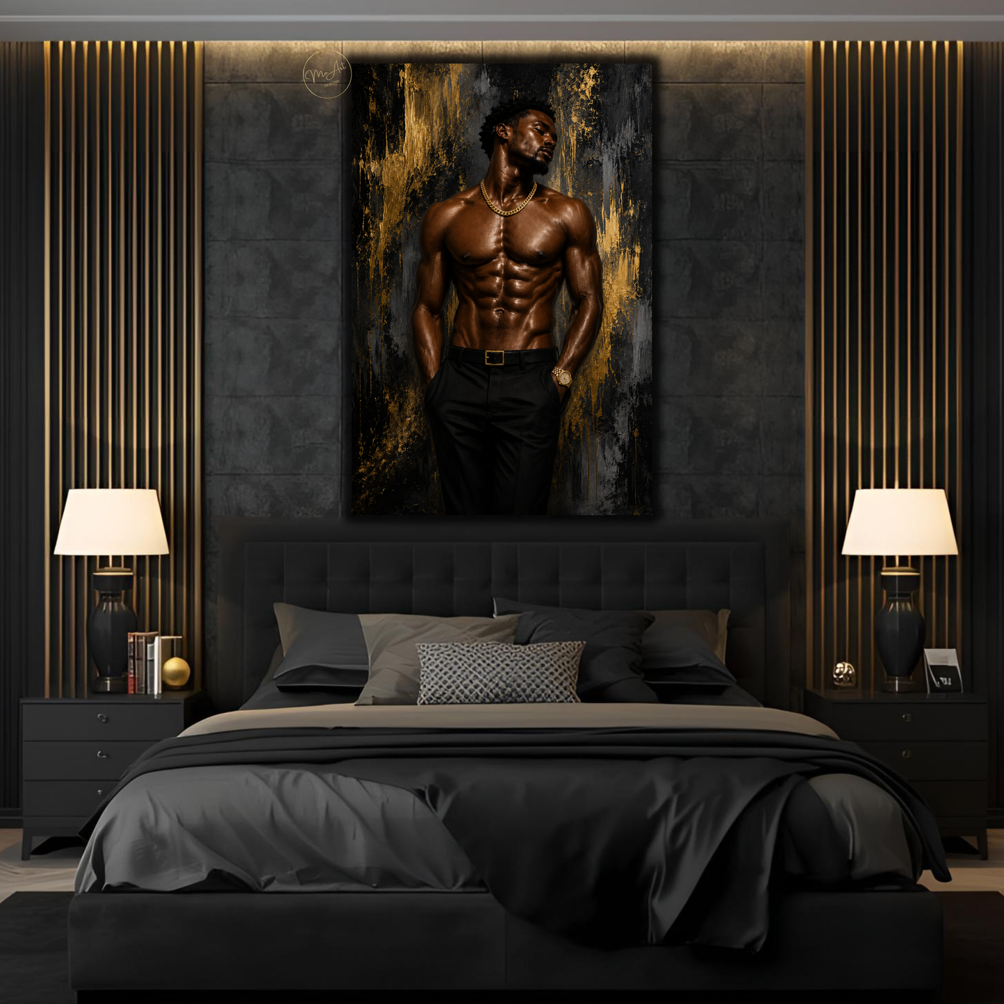 Black Man Wall Art – Sensual Black & Gold Abstract Canvas Print | Modern Masculine Decor