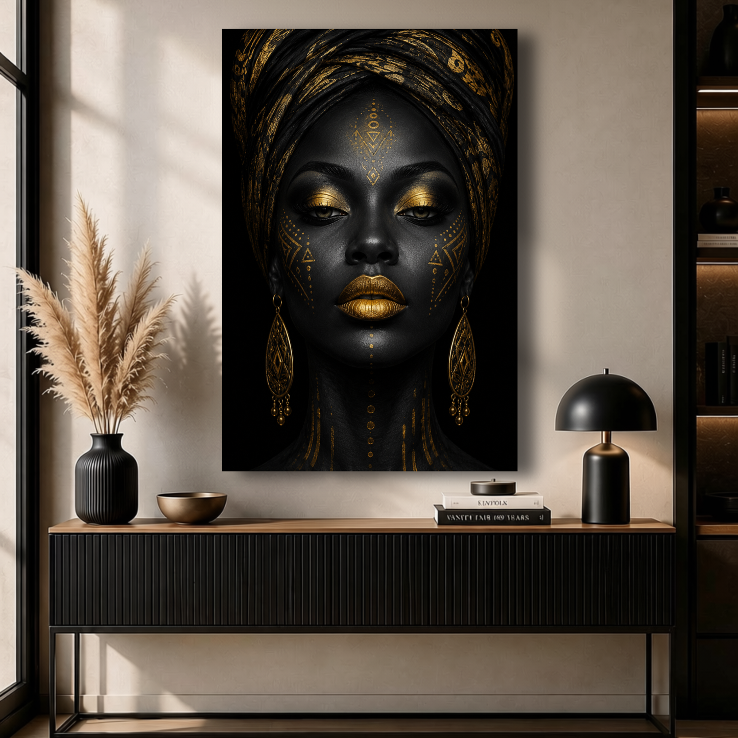 Black Woman Wall Art – Abstract Afrocentric Canvas Print | Black & Gold Wall Decor