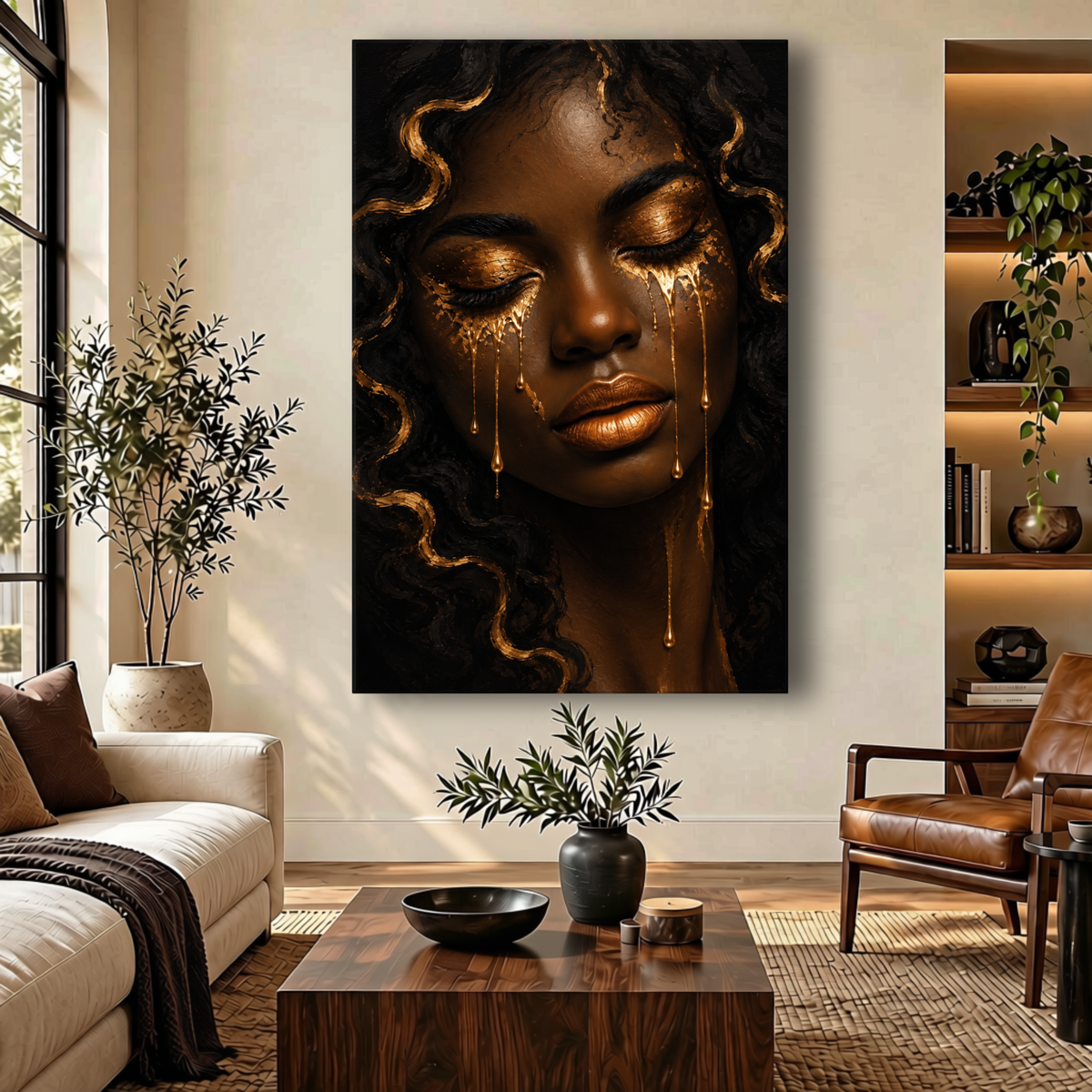 Black Woman Wall Art - Golden Tears Black & Gold Canvas Print | Afrocentric Home Decor