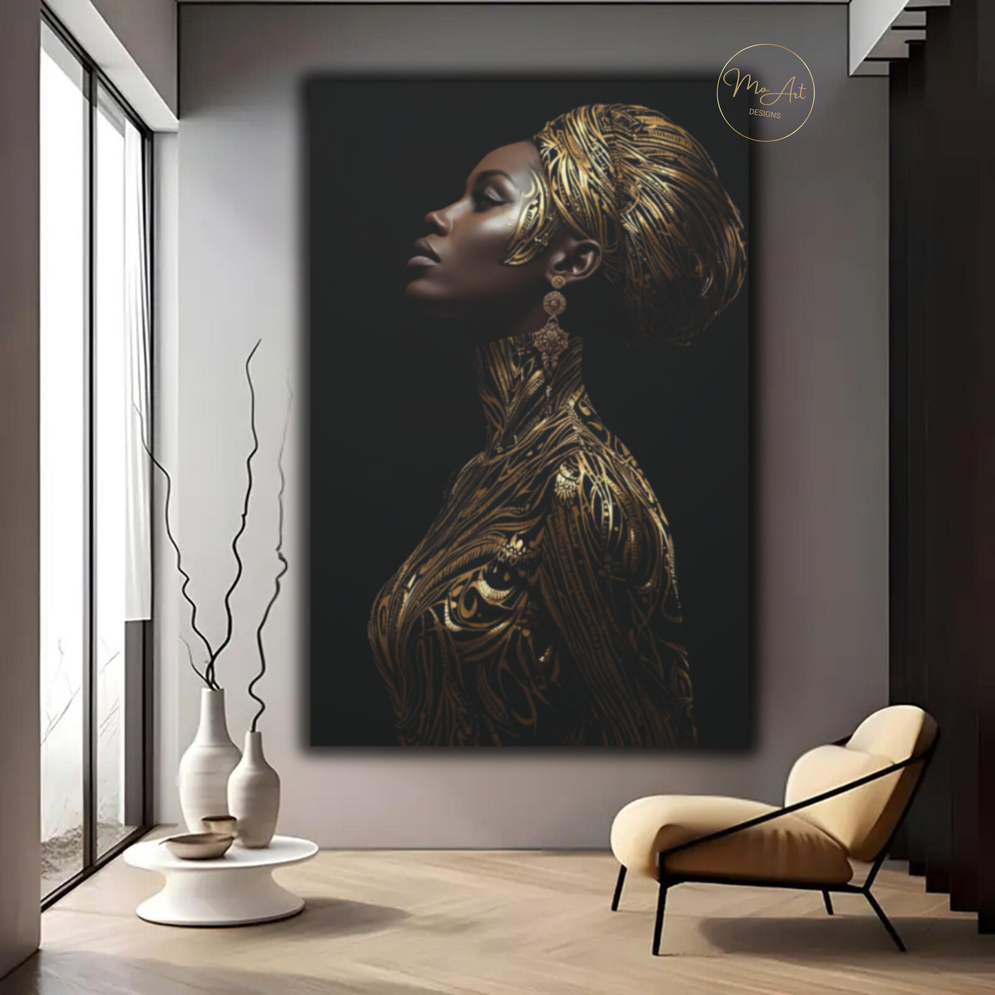 Black & Gold Woman Wall Art – Gilded Grace | Elegant Afrocentric Canvas Print