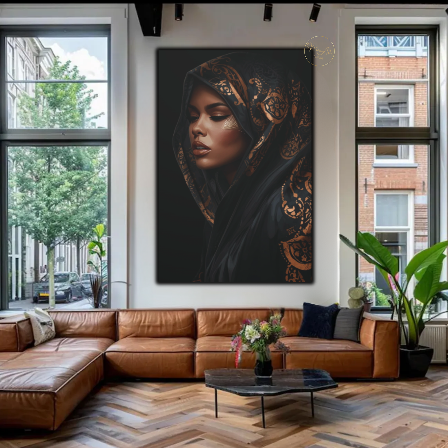 Black Woman Wall Art – Veiled Elegance | Black & Gold Luxury Afrocentric Canvas Print
