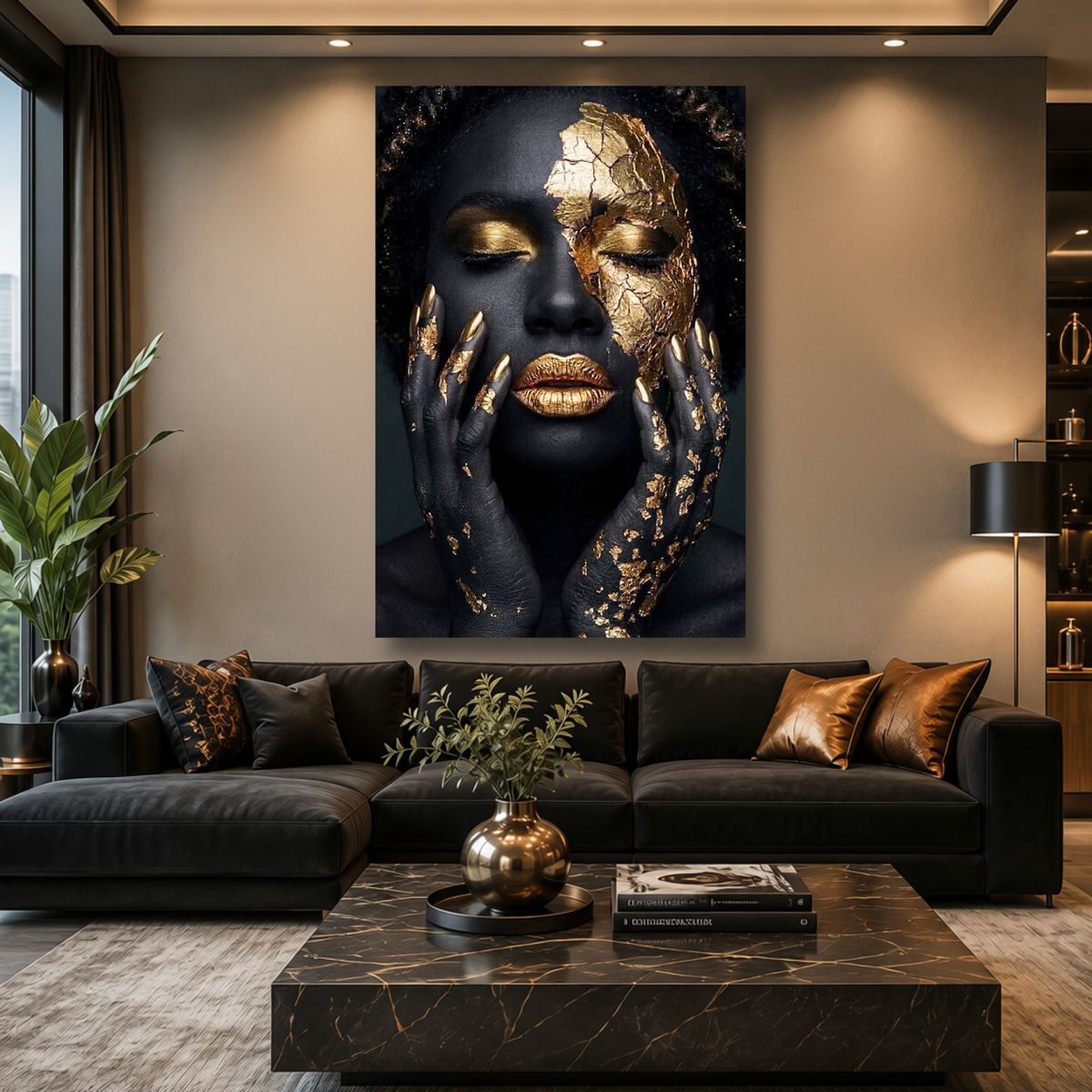 Black Woman Wall Art – Fractured Gold | Afrocentric Black & Gold Cracked Gold Leaf Canvas Print