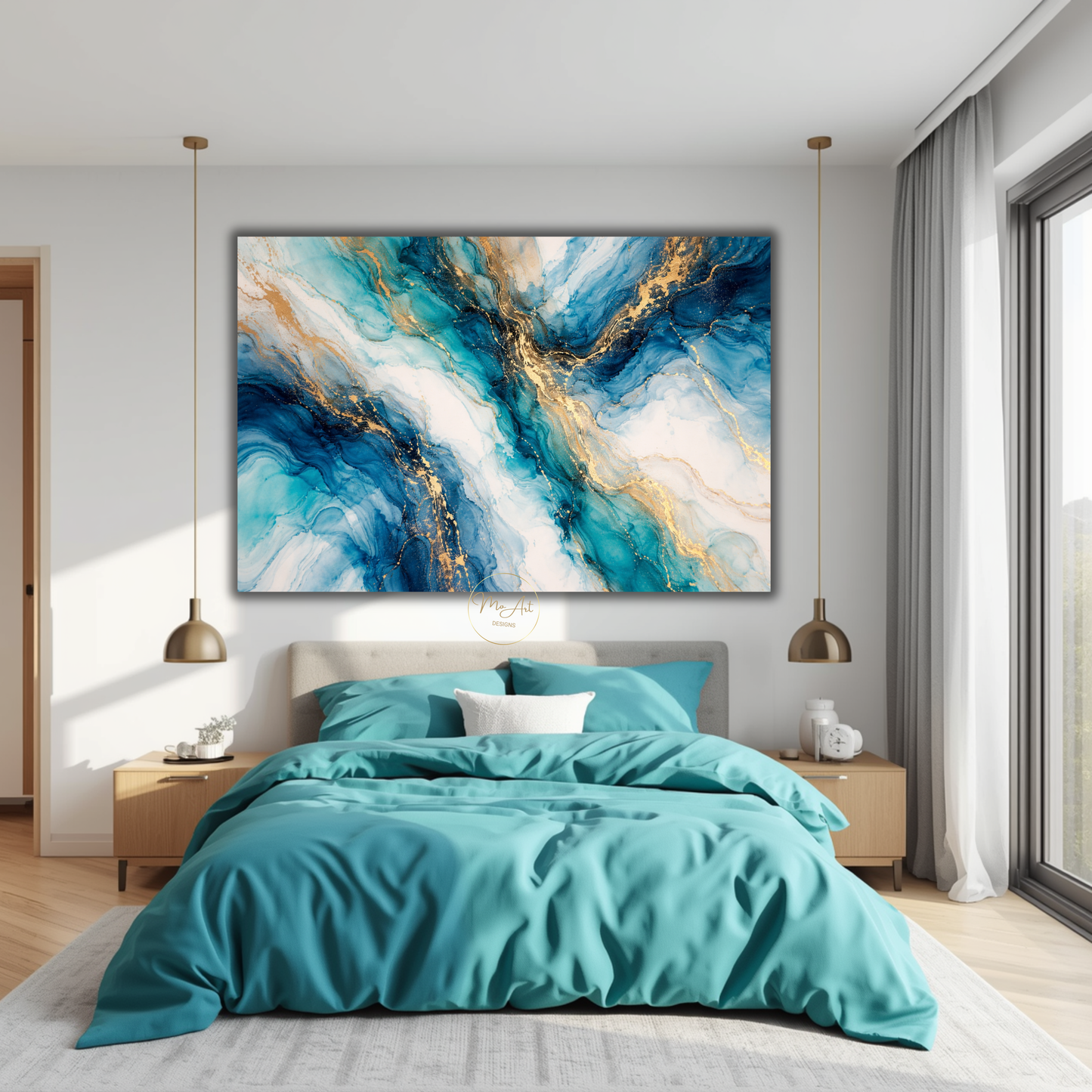 Blue Gold & Turquoise Marble Abstract Wall Art – Luxury Canvas Print