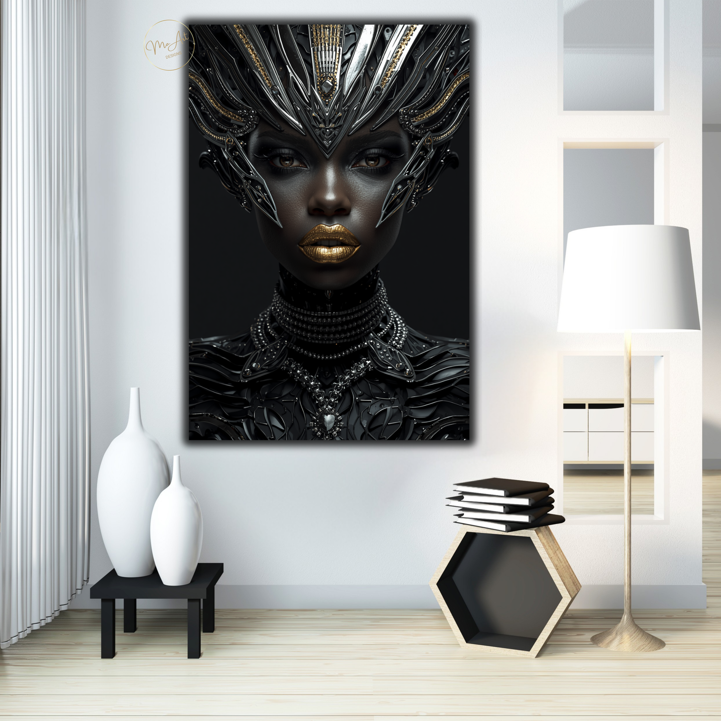 Black Woman Wall Art – Futuristic Afrocentric Warrior Queen / Black & Gold Canvas Print