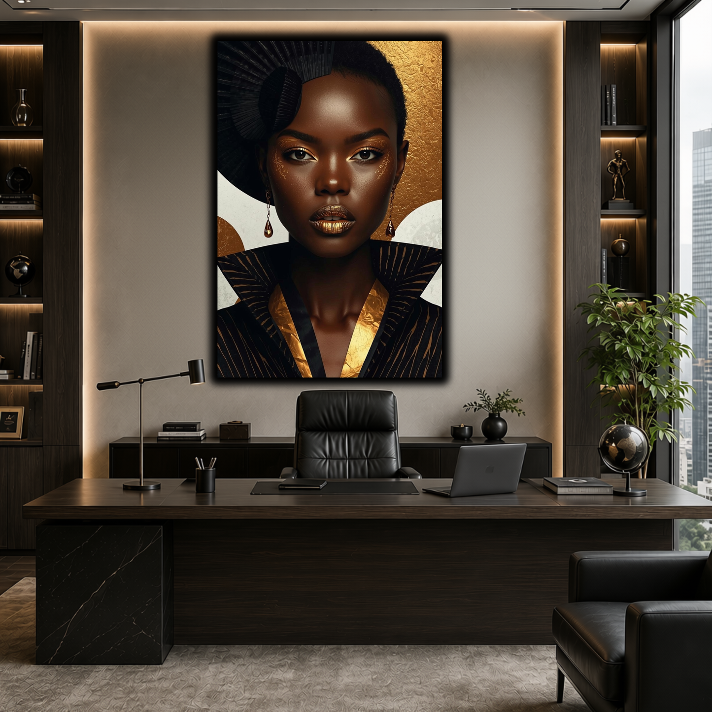 Black Woman Wall Art - Afrocentric Fashion in Black & Gold Canvas Print | Luxury African American Portrait Wall Decor