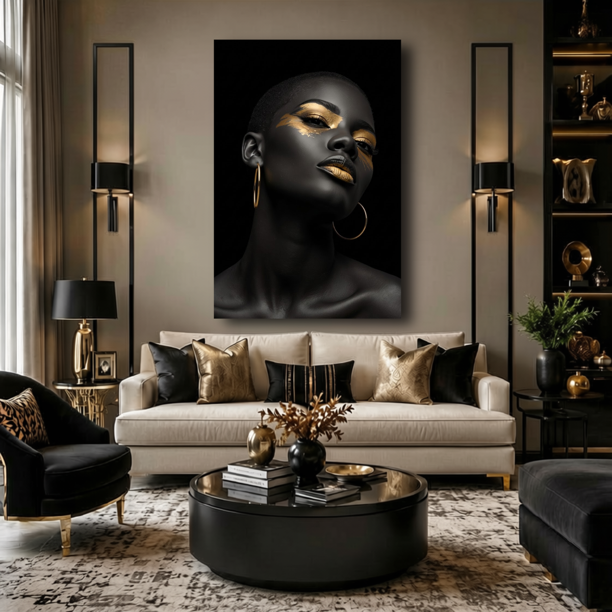 Black Woman Wall Art – Short Hair Queen | Black & Gold Afrocentric Canvas Print