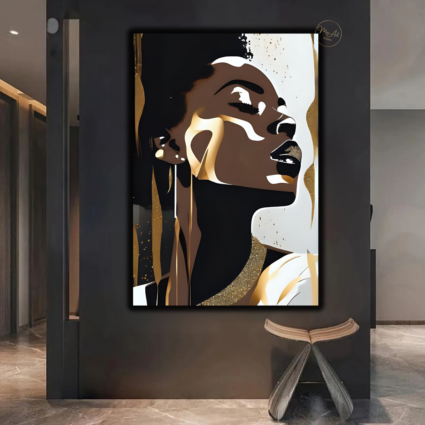 Black Woman Wall Art – Elegant Afrocentric Gold & Neutral Abstract Portrait Canvas Print