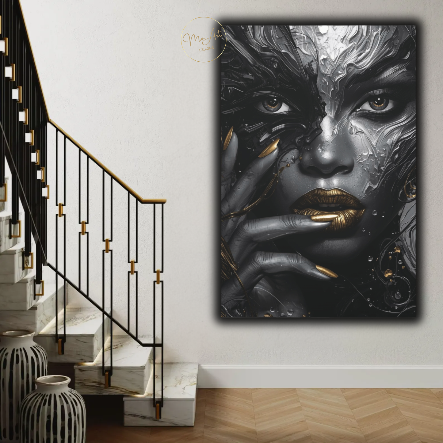 Black Woman Wall Art – Molten Beauty in Silver & Gold | Modern Luxury Canvas Print
