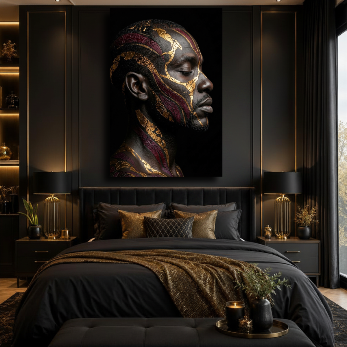 Black Man Wall Art – Serenity | Afrocentric Black, Gold & Burgundy Portrait Canvas Print
