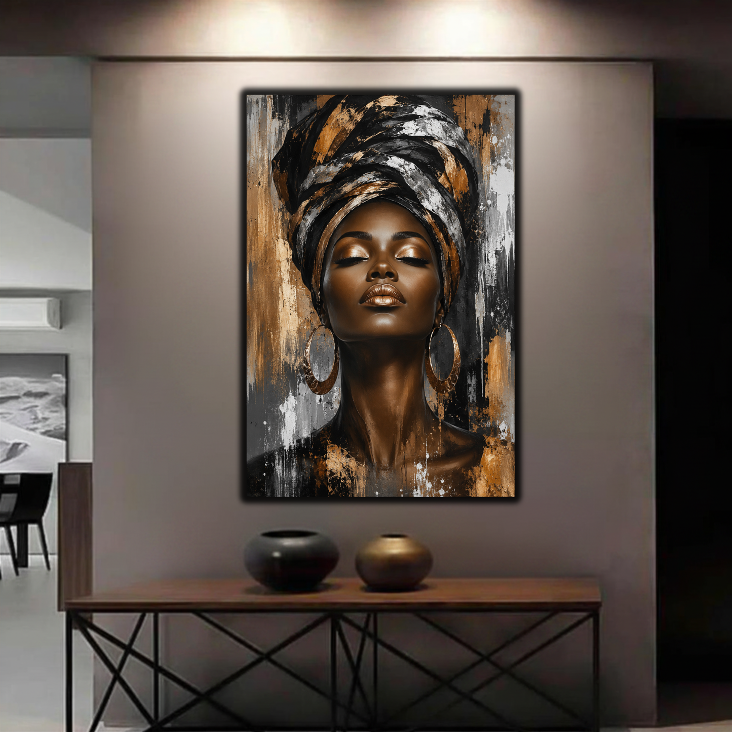 Black Woman Wall Art – Afrocentric Gold & Black Canvas Print | Luxury African American Queen Wall Decor