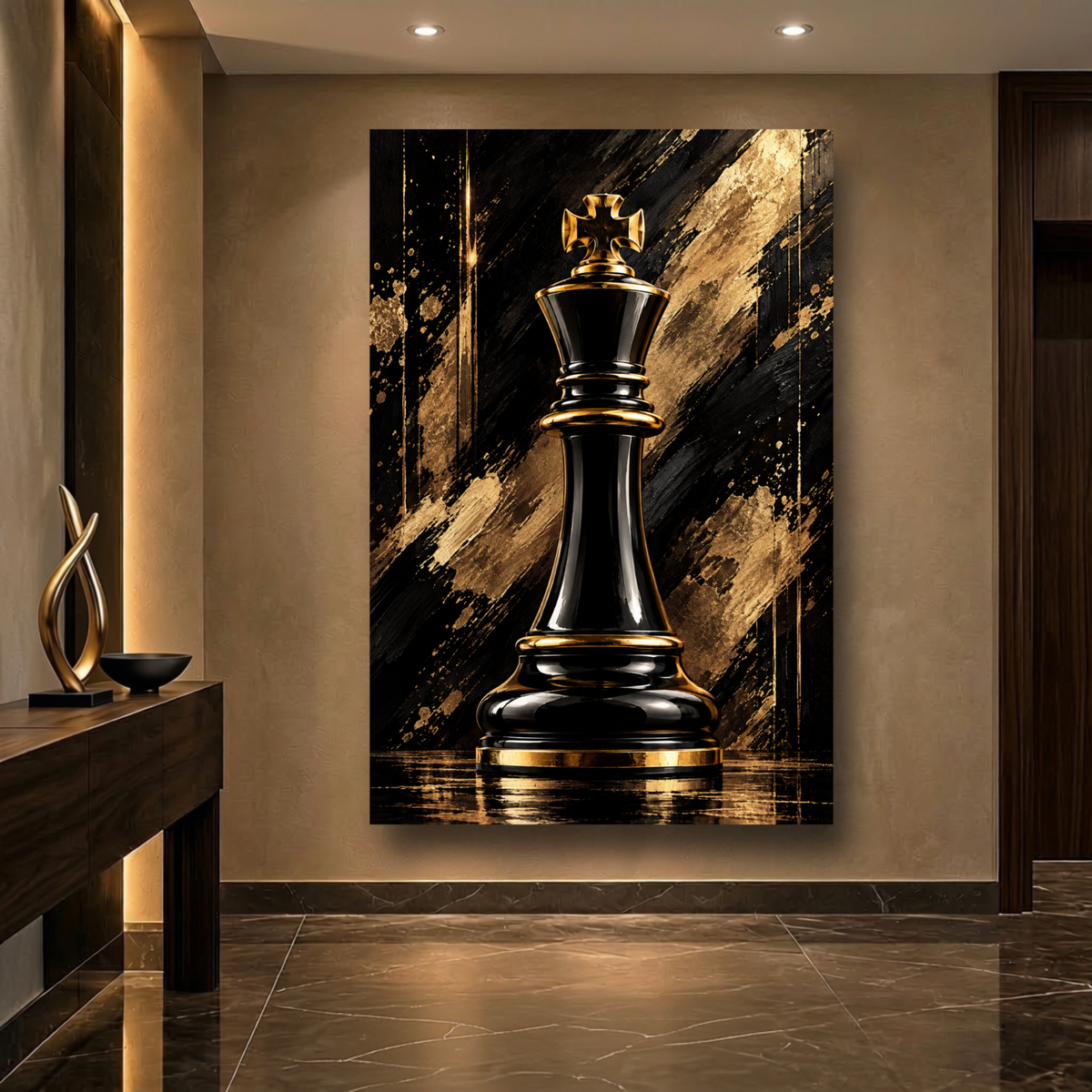 Black & Gold King Chess Piece Wall Art | Luxury Abstract Chess Canvas Print