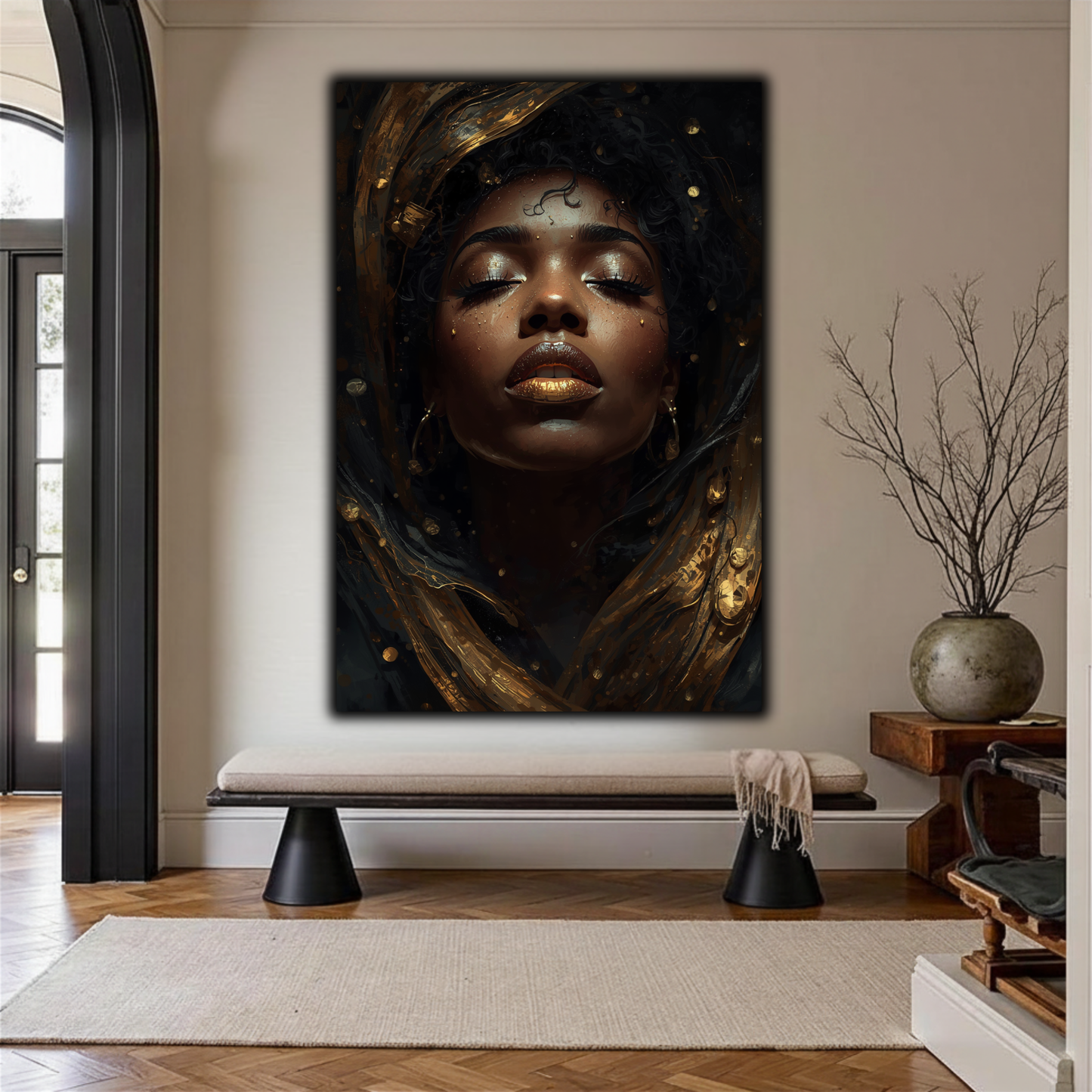 Black Woman Wall Art - Black & Gold Afrocentric Abstract Canvas Print