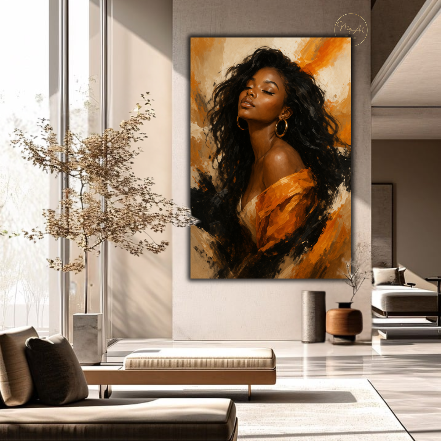 Black Woman Wall Art – Elegant Afrocentric Orange & Beige Abstract Canvas Print