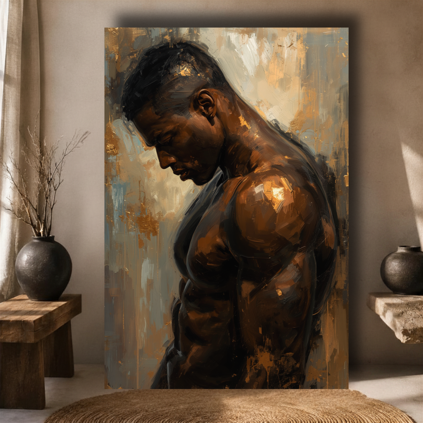 Black Man Wall Art – Sensual Afrocentric Canvas Print  | Modern Black & Gold Masculine Artwork