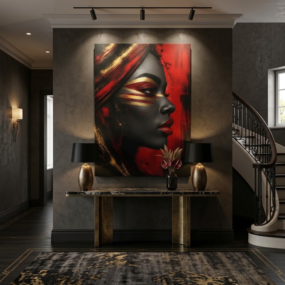 Black Woman Wall Art – Afrocentric Red, Black & Gold Portrait Canvas Print | Luxury Home Decor