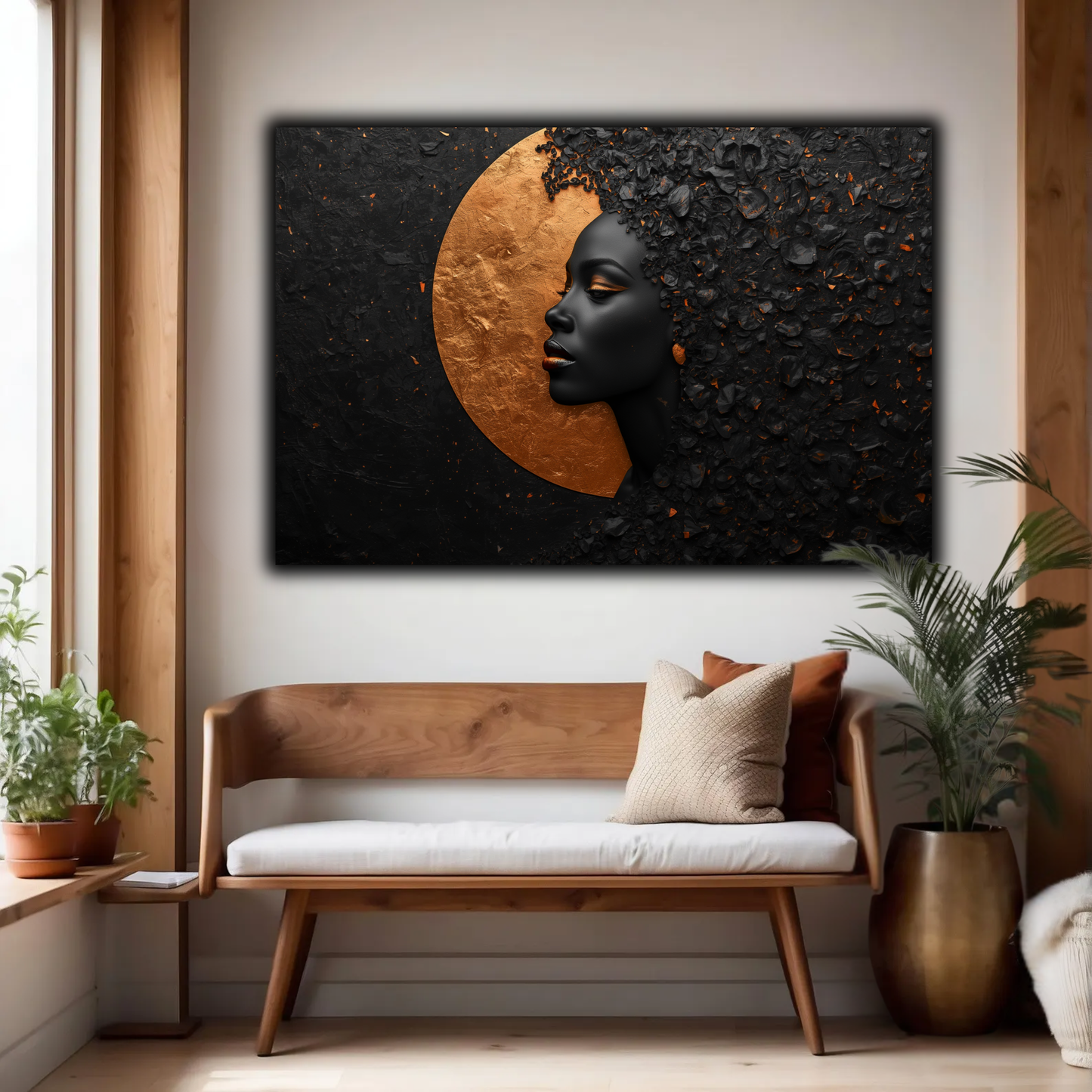 Black Woman Wall Art – Abstract Afrocentric Portrait in Black & Copper | Luxury African American Canvas Print