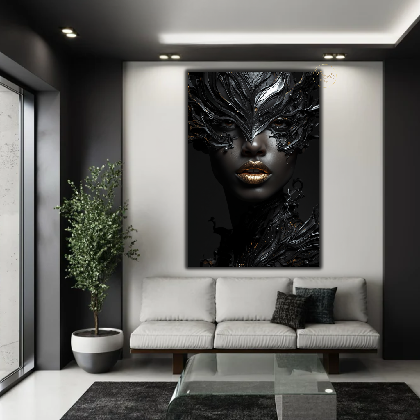 Afrocentric Black Woman Wall Art – Modern Black, Silver & Gold Abstract Canvas Print