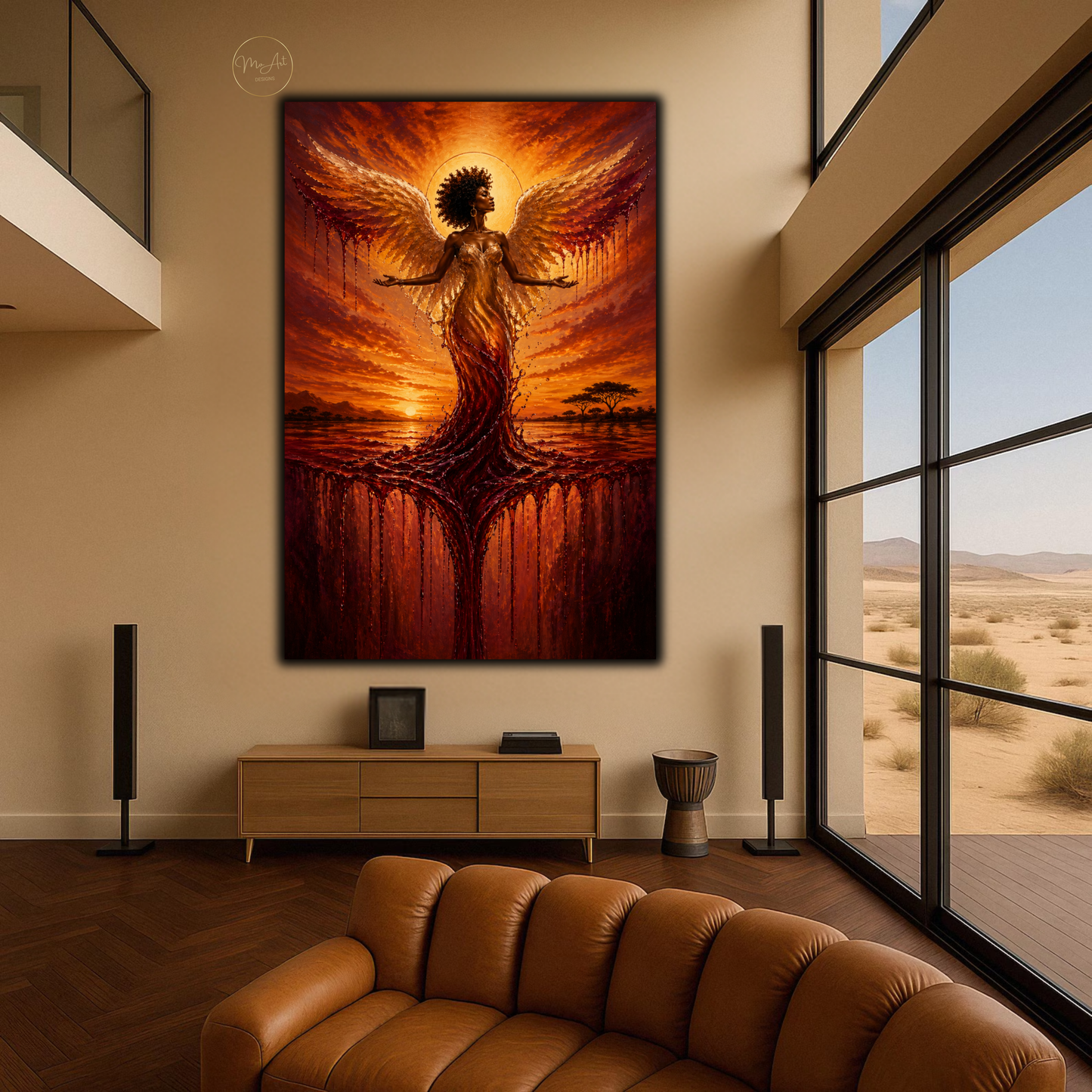 Black Woman Wall Art – Divine Angel at Sunset | Afrocentric Abstract Canvas Print
