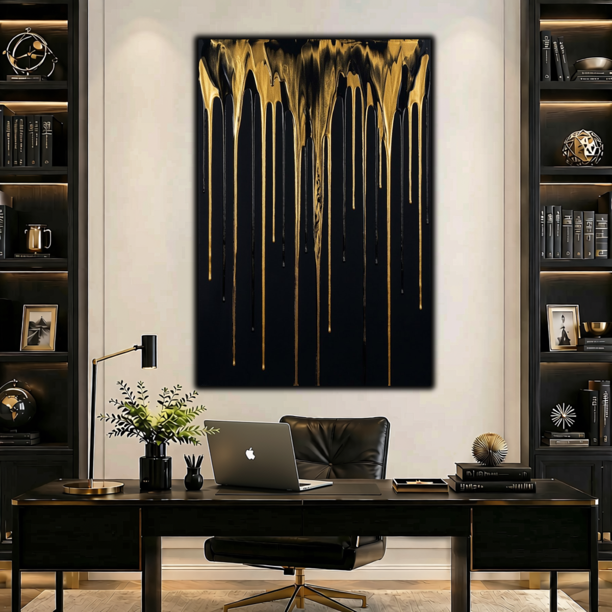 Abstract Modern Gold & Black Drip Canvas Print | Luxury Home Wall Decor