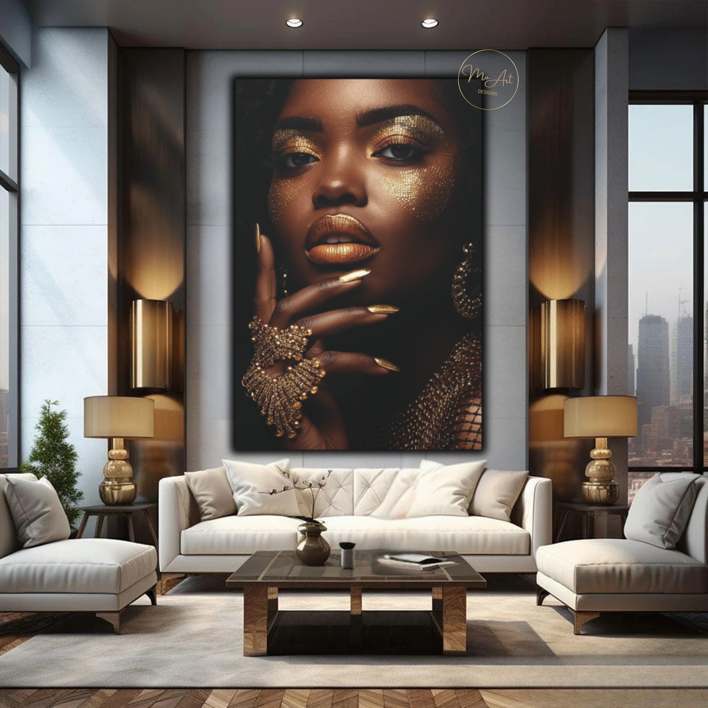 Black Woman Wall Art – Divine Glamour in Gold | Luxury Black & Gold Canvas Print