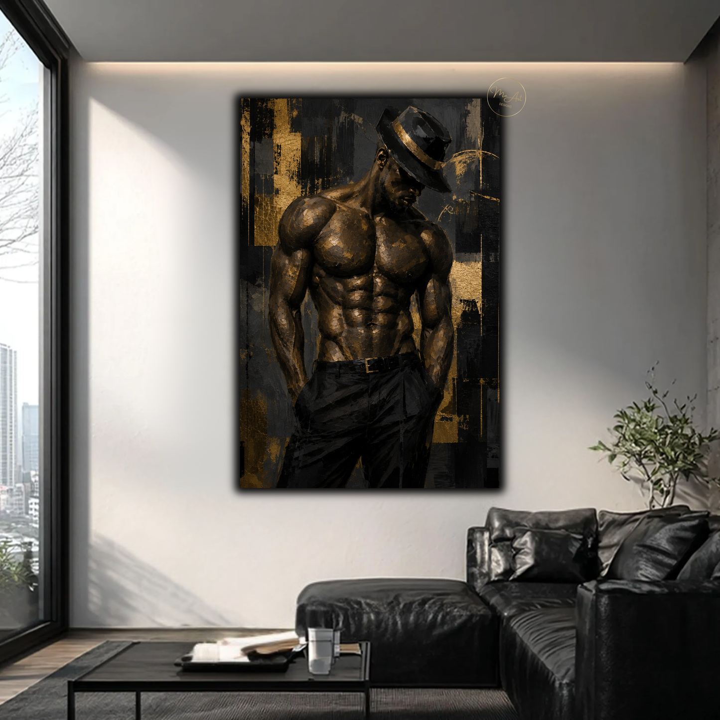 Black Man Wall Art – Sensual Afrocentric Gold & Black Abstract Masculine Canvas Print