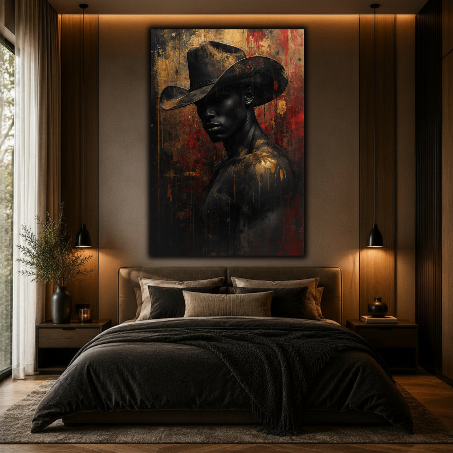 Black Man Wall Art – African American Cowboy Canvas Print | Abstract Black, Gold & Red Wall Art